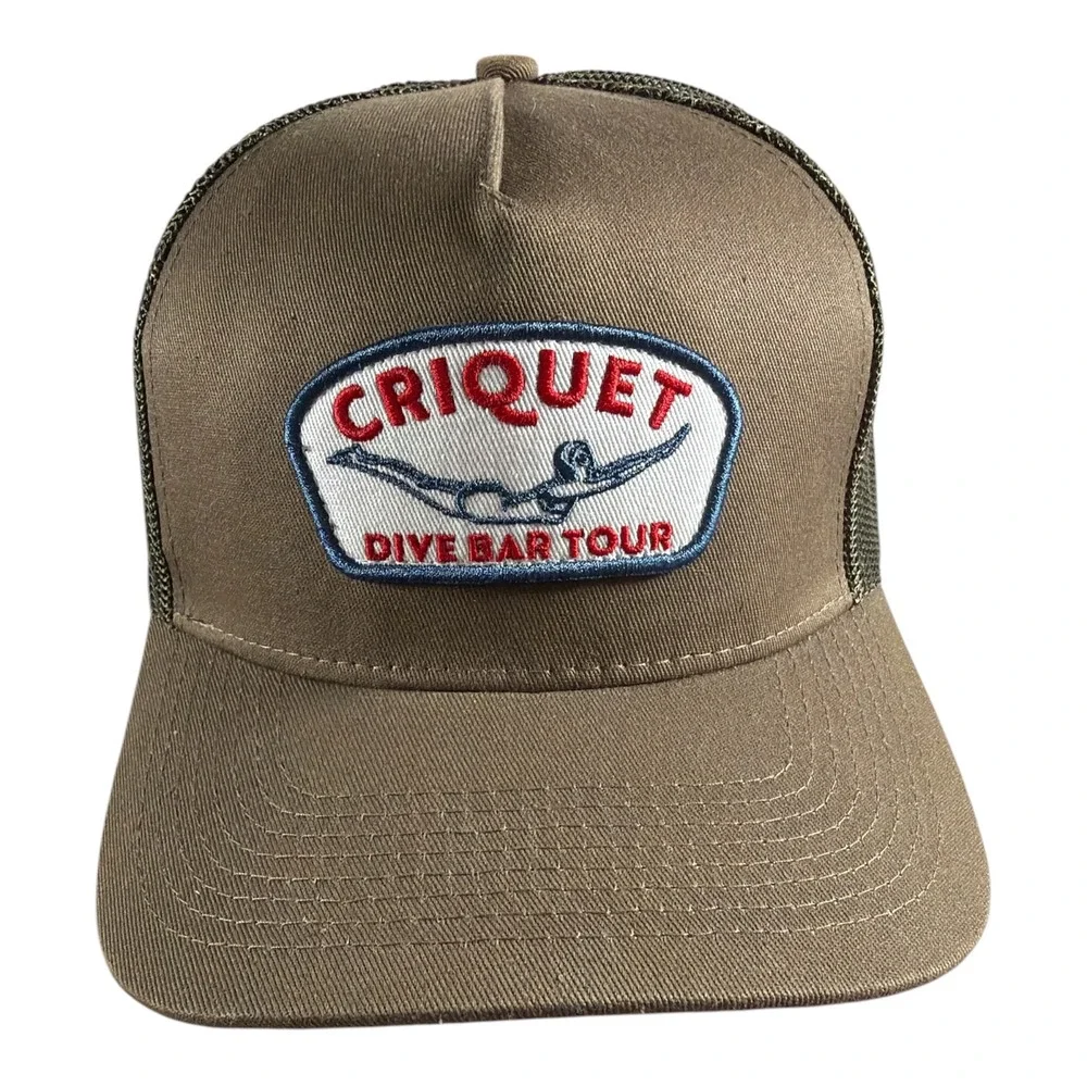 Criquet Golf Dive Bar Tour Mens Brown Mesh Snapback Trucker Hat Patch Logo Cap